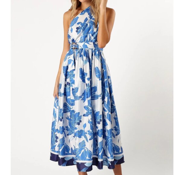 Petal & Pup Naomi One Shoulder Midi Dress - Blue Floral Size 8 NWOT - Picture 1 of 8